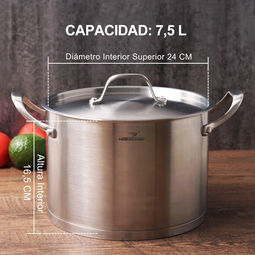 HOMICHEF Olla de acero inoxidable resistente ecológica y sin níquel con tapa (24 cm, 7,5 litros) - Olla de inducción de 7,5 l con acabado pulido mate