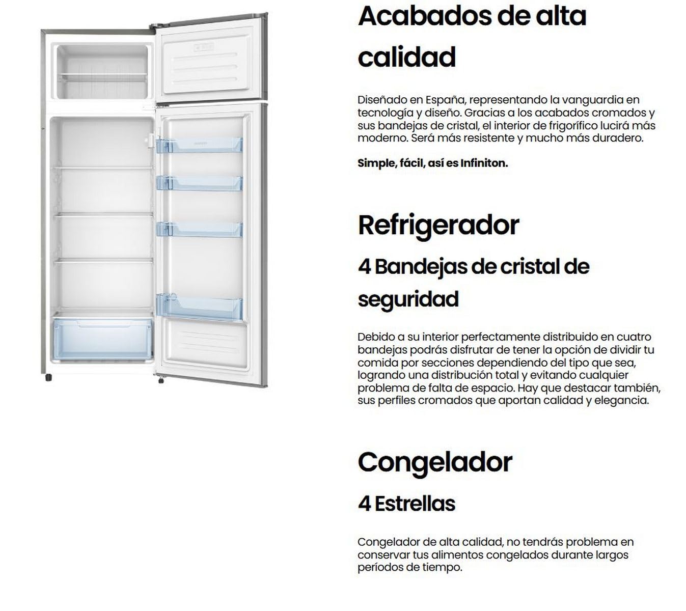 INFINTION Frigorifico Dos Puertas FG-A162I, 239 Litros, 160 cm de Altura, E, Ciclico, Puerta Reversible, Patas regulables en altura, Inox
