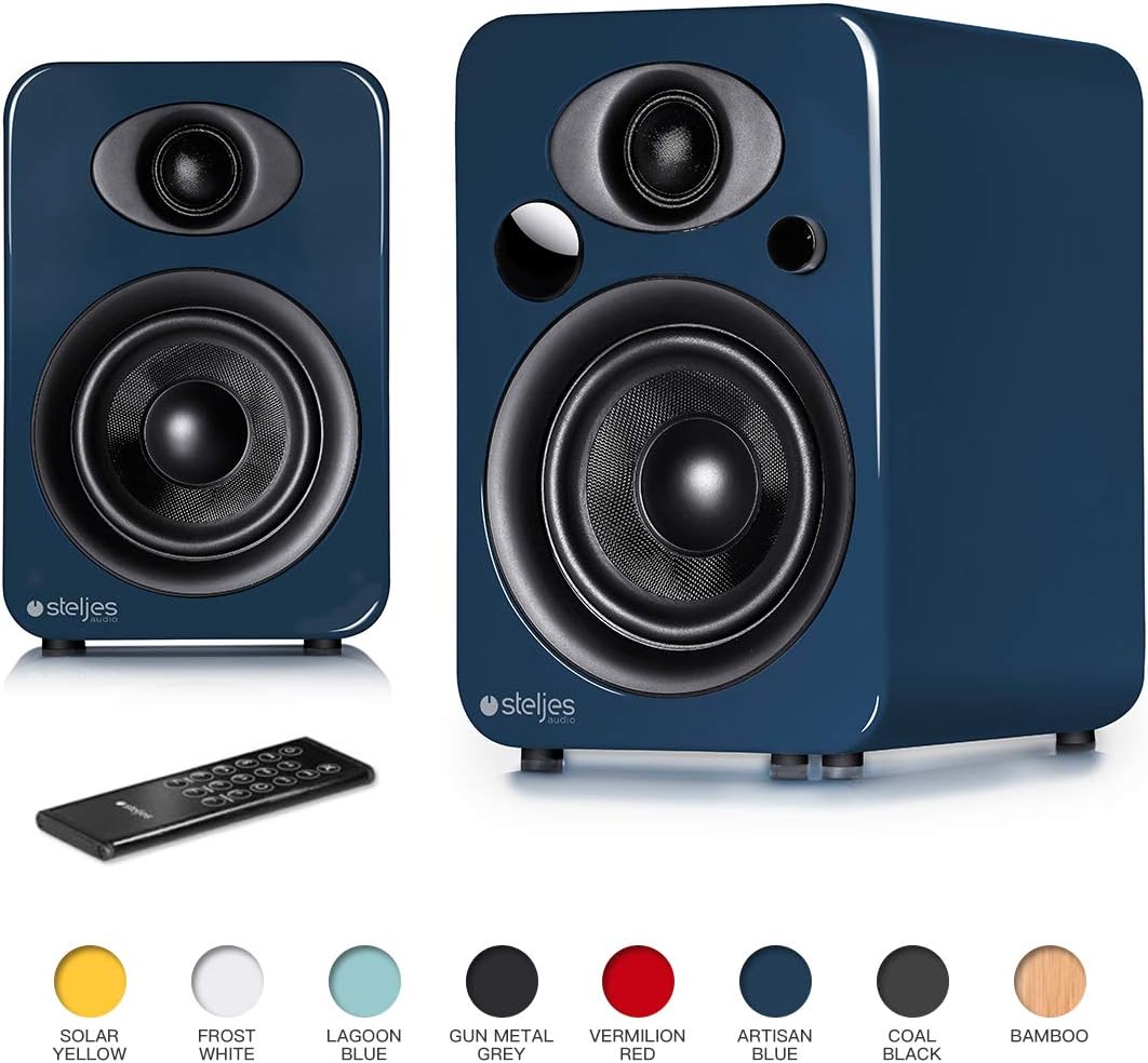 Steljes AudioNS3 Powered Loud Speakers Bookshelf Stereo System 45W RMS 60Hz to 20kHz British Design Connect RCA, 3.5mm Stereo, Optical, Bluetooth, with Built-in Subwoofer USB Charge (Artisan Blue)