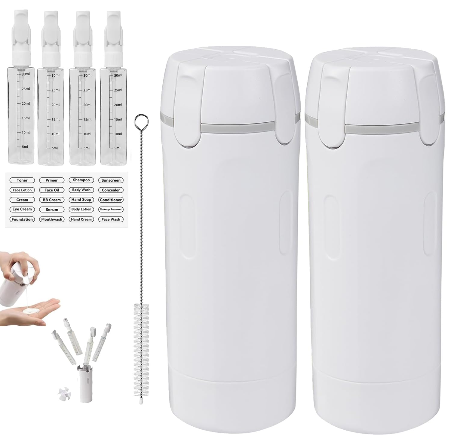 4 in 1 Travel Dispenser,4 Pack 30ML Travel Bottles for Toiletries,Refillable Leak Proof Portable Bottle Set for Shampoo,Shower Gel,Suitable for Travel,Gym,Vacation,Camping (White-2)