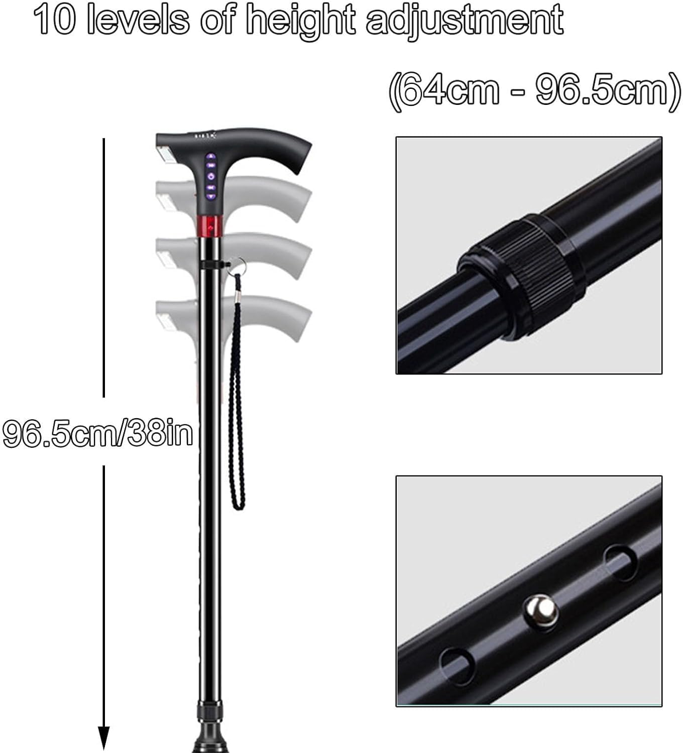 Bastón Plegable Ajustable De 96,5 Cm con Luz Led, Bastón De Altura Regulable En 10 Niveles, Ayuda De Movilidad Ligera Y Portátil para Personas Mayores Y Discapacitadas. A 96.5cm/38in