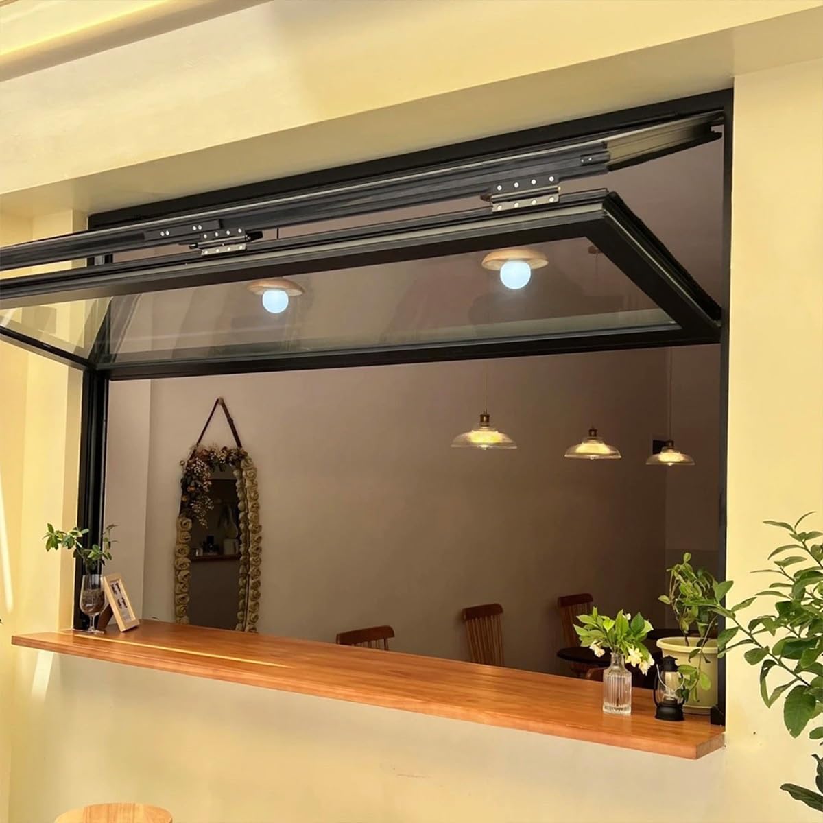 Folding Double Hung Interior Window - Aluminum Concession Window with Reinforced Glass. Customizable Commercial Sliding Window for Restaurant, Cafe & Kitchen.(Brown,WxH 40x44in/101.6x111.7cm)