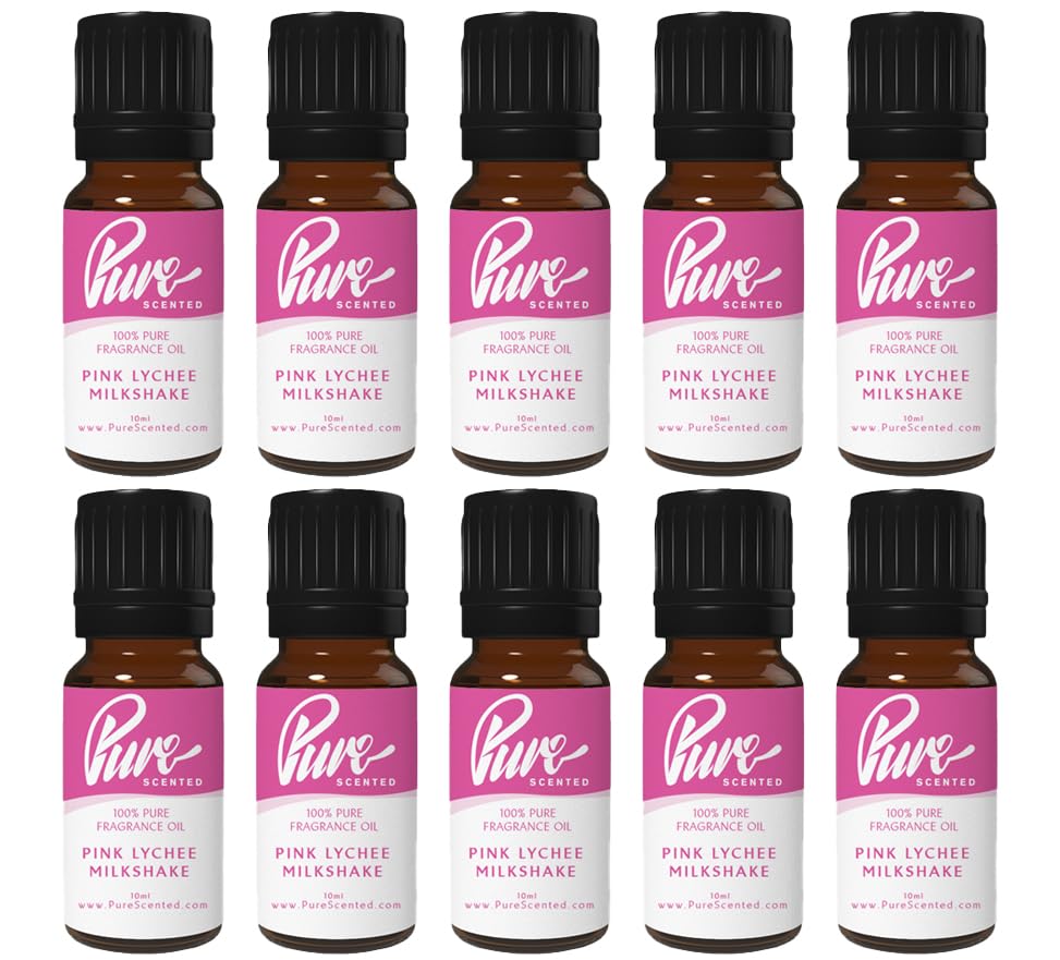Pure Scented 100ml Fragrance Oils - 10 x 10ml Suitable for Candles, Soaps, Slime, Diffusers, Cosmetics, Wax Melts, Designer (10 x 10ml, Pink Lychee Milkshake)