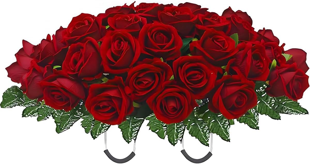 Artificial Roses Cemetery Flowers Outdoor Grave Decorations - Realistic - Saddle Arrangement for Headstone,Tombstone Memorial Decorations,Easy Fit (Red) image 5