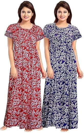Posh perfection Women's Cotton Printed Maxi Nightgown Nighty for Women Ankle Length Night Dress - Pack of 2, Free Size (NG2)