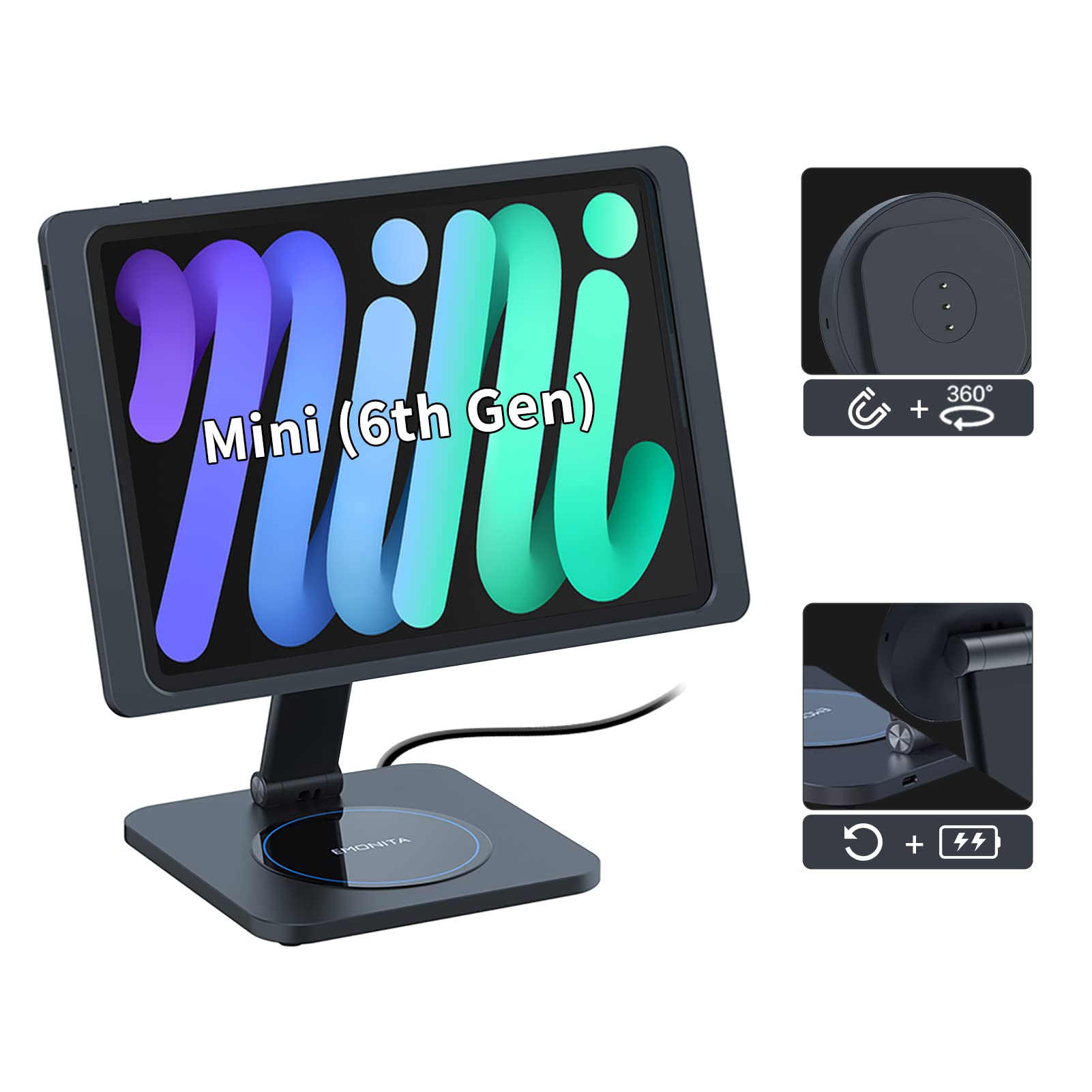 EMONITA Magnetic Stand with Charging Case for 2021 iPad Mini 6. 18W USB C Fast Charging Cable Included, Foldable L Shape, Strong Magnets, 360 Rotation, 90 Tilt
