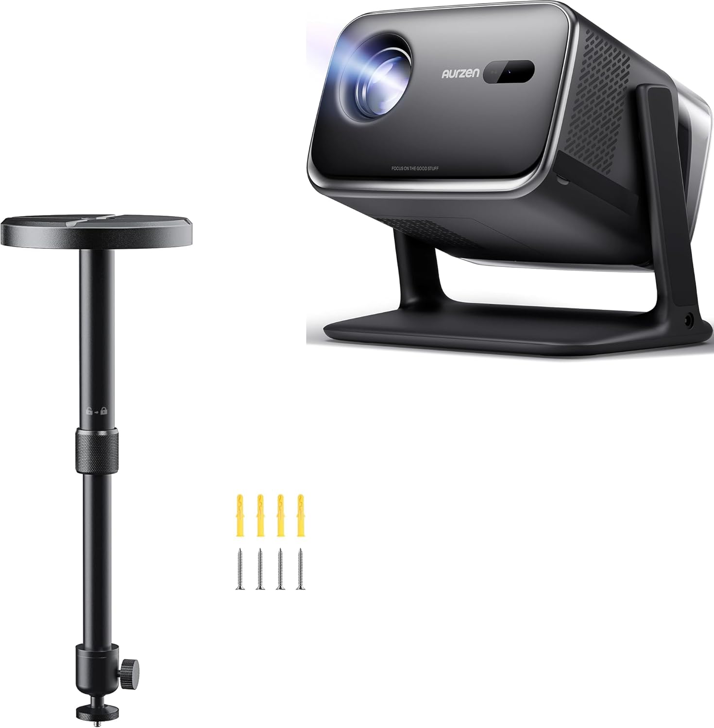 Aurzen BOOM mini Google TV Movie Projector Bundle with Ceiling Projector Mount Bracket, Voice Control, Family Mode, 20W Dolby Audio, Real-Time Focus, Black (2 Items)