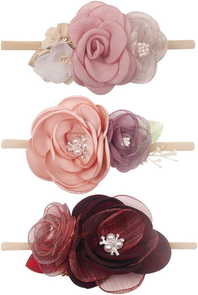Baby Girl Floral Nylon Headband Elastic Hair Band Bows Flower Wraps For Newborn Infant Toddler Pack of 3
