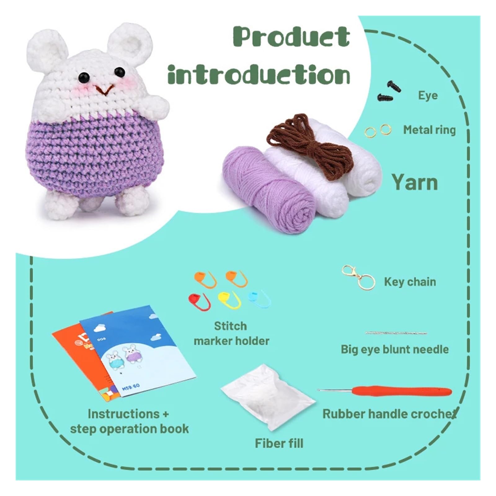 Kit Ganchillo Kit de inicio de animales pequeños de crochet for adultos con agujas de crochet, hilo de fibra de poliéster, instrucciones y marcador de puntos.(Mouse a)