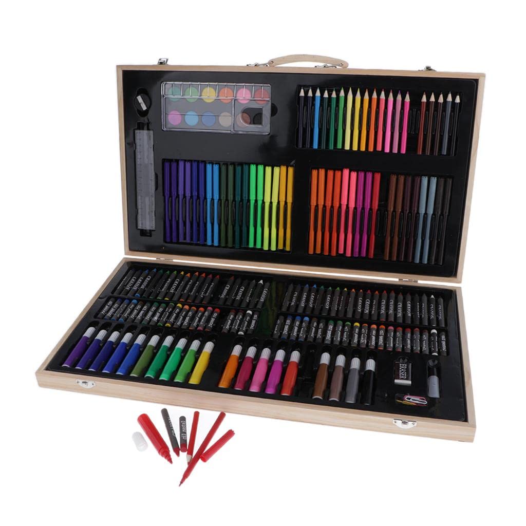 Kit de dessin professionnel de 180 pièces pour enfants de 9 à 12 ans | Boîte en bois avec crayons de couleur, stylos aquarelle, tige de cire, peintures pour artistes débutants | Portable