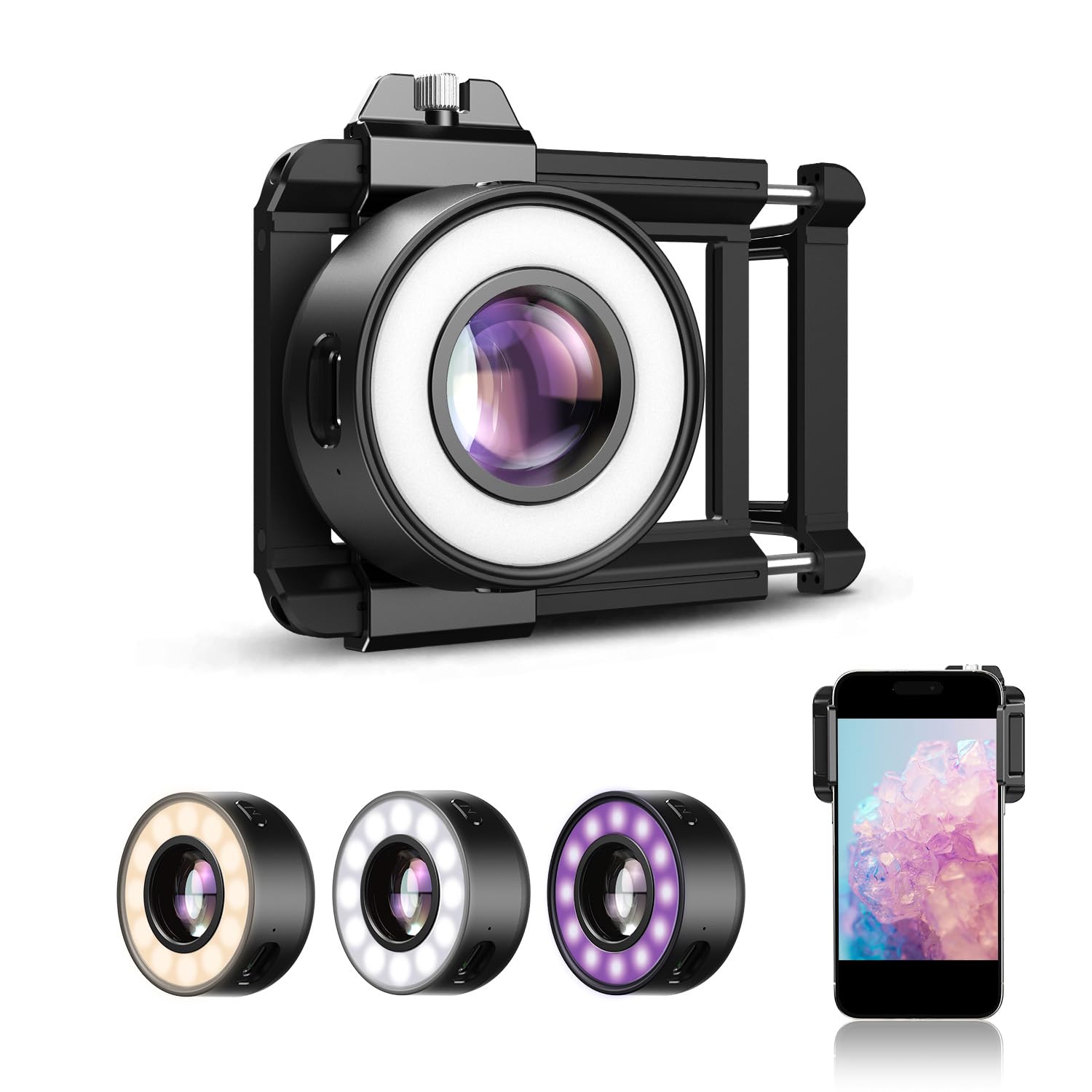 Levenhuk Kelvin TMC20 LED Smartphone-Mikroskop 120x Tragbar mit Clip | FMC-Optik, 19 LED- und UV-Lichtmodi, Scheibenblende, Augenmuschel, USB-C Inklusive