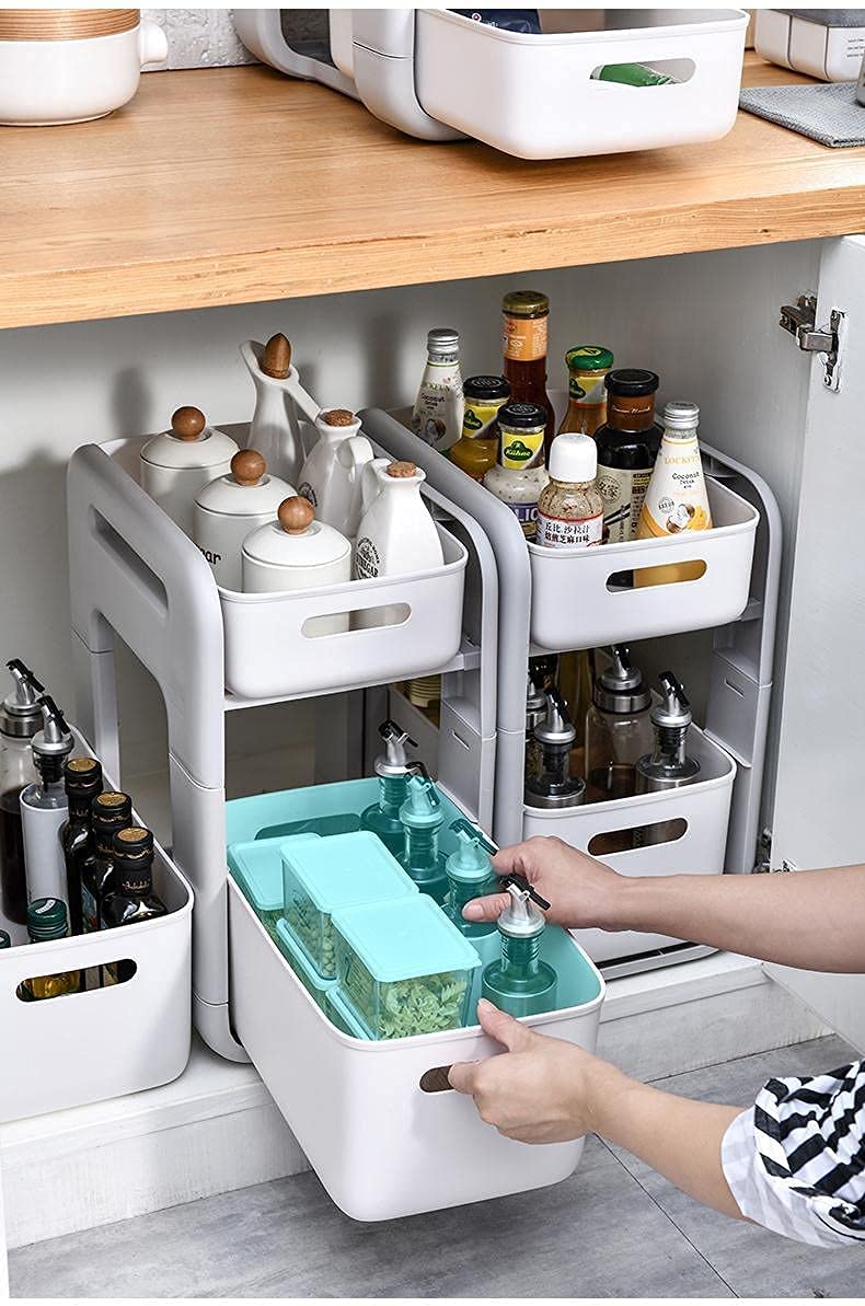 Amyup Set di 8 contenitori in plastica, bianchi, versatili per organizzare e riporre oggetti da cucina, sotto il letto, sotto il lavandino, organizer da bagno