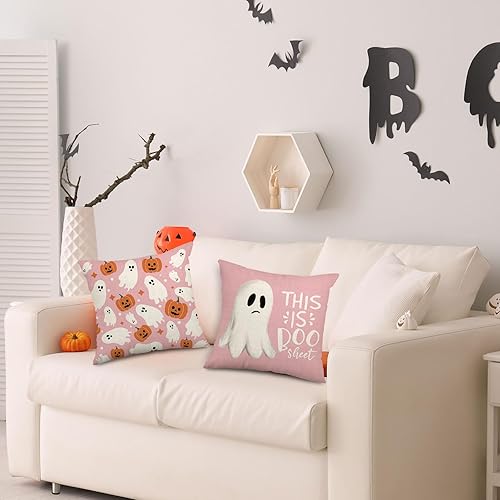 Miniatura 7 de AnyDesign - Fundas de almohada rosadas de Halloween con diseño de calabaza fantasma, funda de almohada de Halloween, decoración espeluznante de
