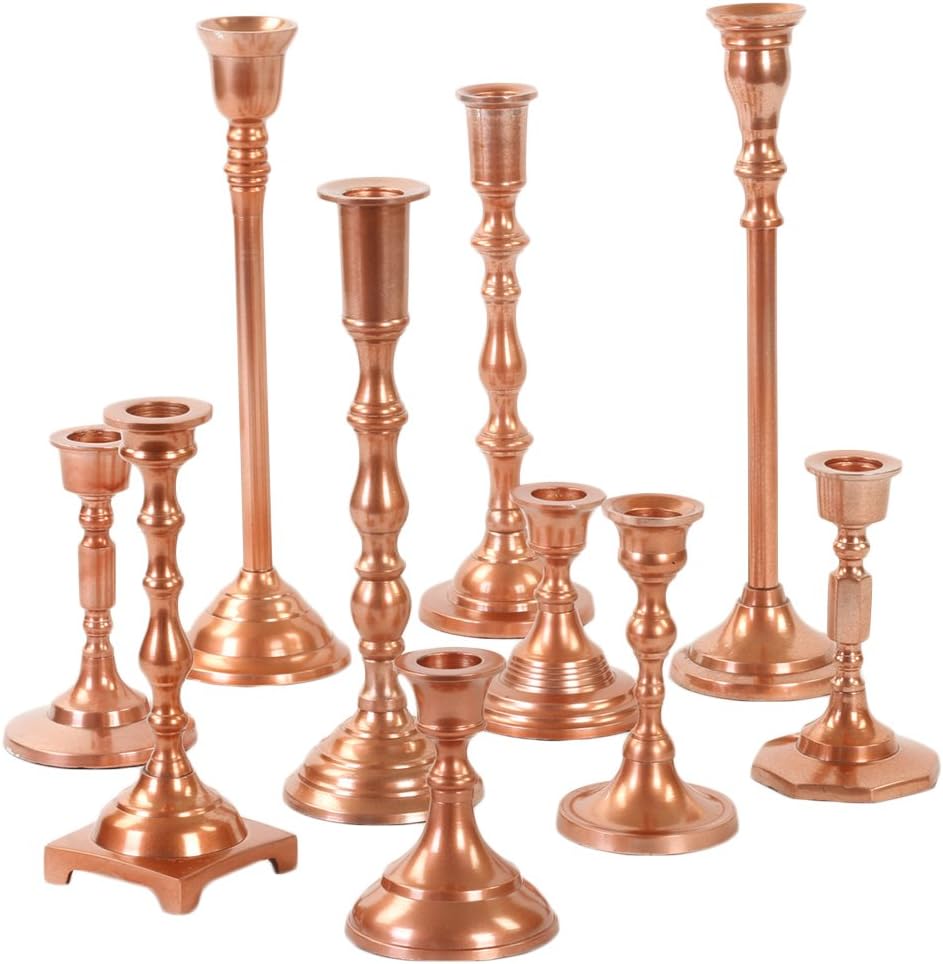 Rose Gold Mixed Taper Holders, Set of 10, Mismatched Candlesticks Set, Bohemian Decorative