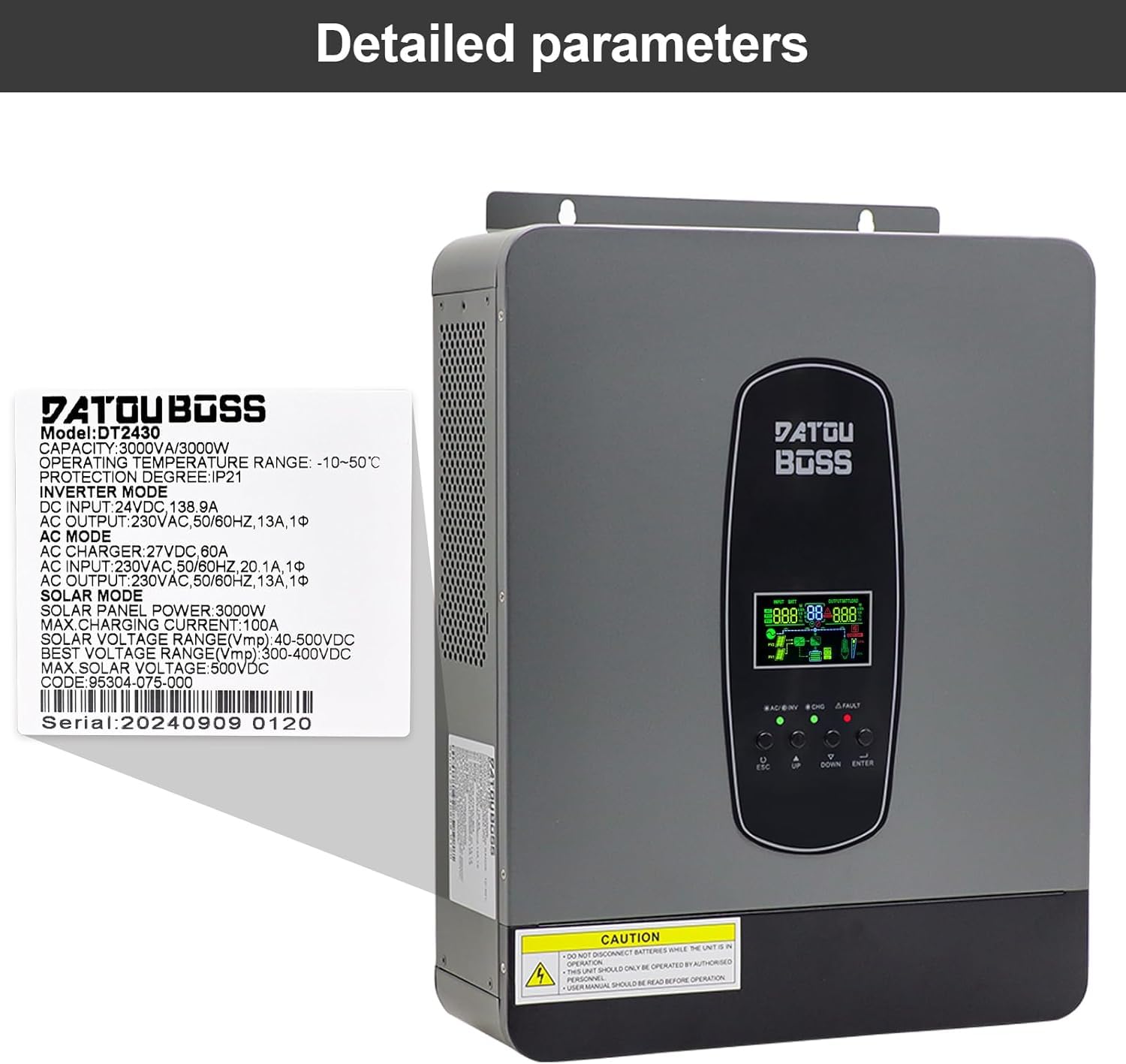DATOUBOSS 3000w Inverter Ibrido 24v,Inverter Solare Ibrido 3KW Onda Sinusoidale Pura,Protezione BMS,24V DC a 220/230v AC,Con Controller Solare MPPT 100A per batterie piombo-acido e litio