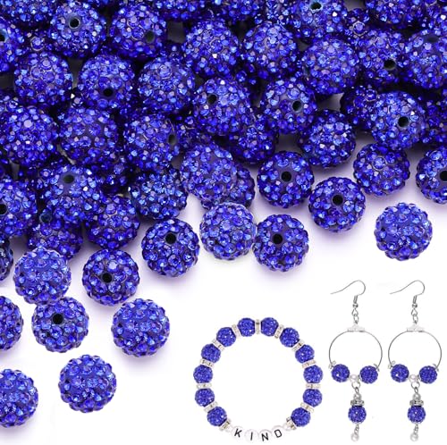 150 pcs 10mm Rhinestone Beads for Jewelry Making, Dark Blue Shiny Round Shamballa Disco Beads Bulk, Sparkle Crystal Clay Christmas for Bracelet Baseball Necklace Earring Crafting and DIY