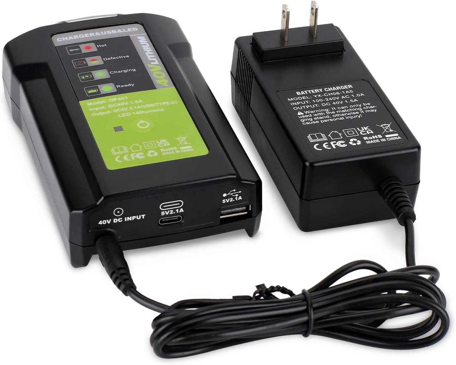 40v Charger for Ryobi, Dual USB and TypeC 2.1A Fast Charge