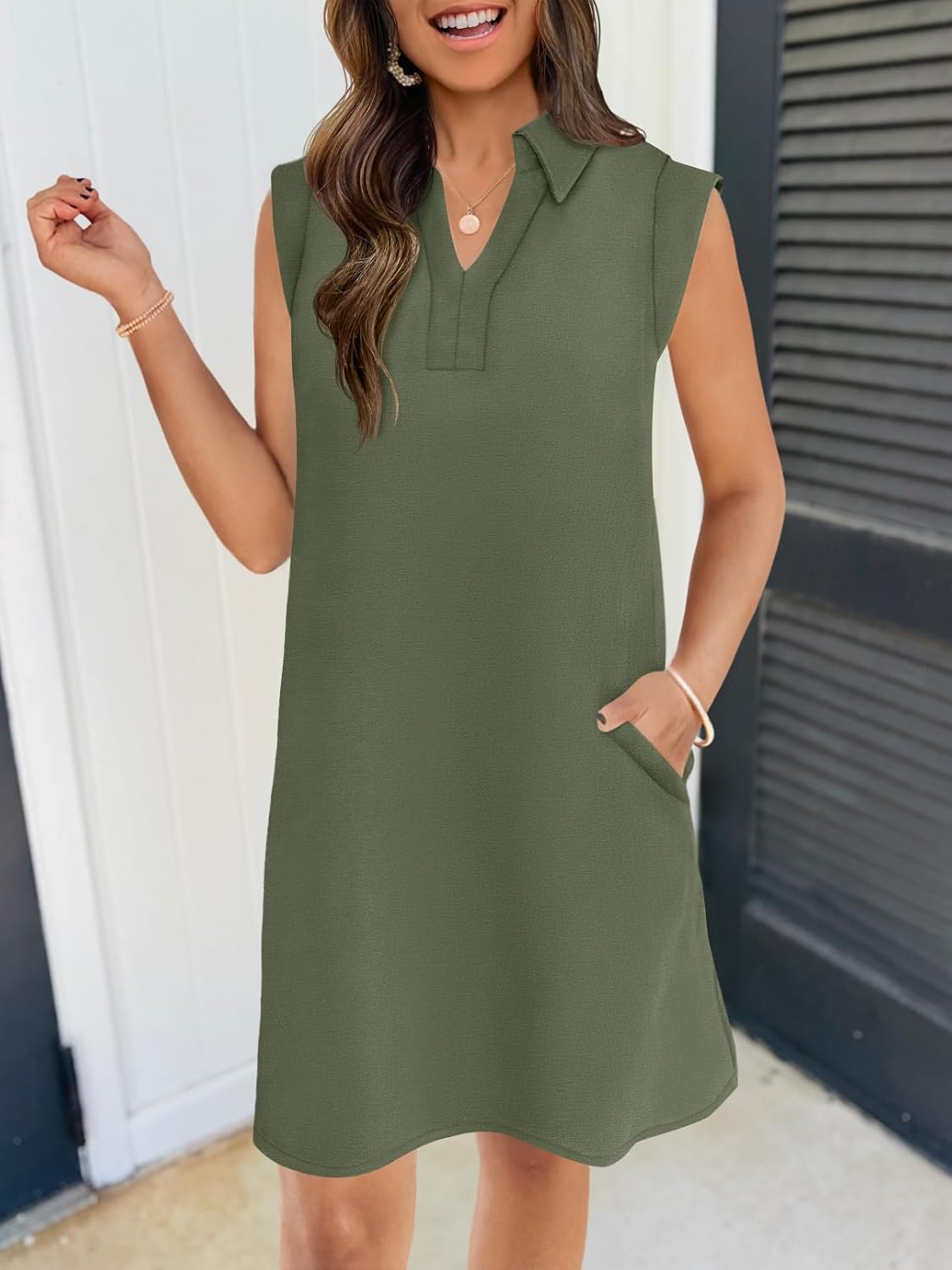 MEROKEETY Women's 2026 Summer Short Sleeve Mini Dress Casual Collared V Neck Loose T Shirt Dresses - Image 4