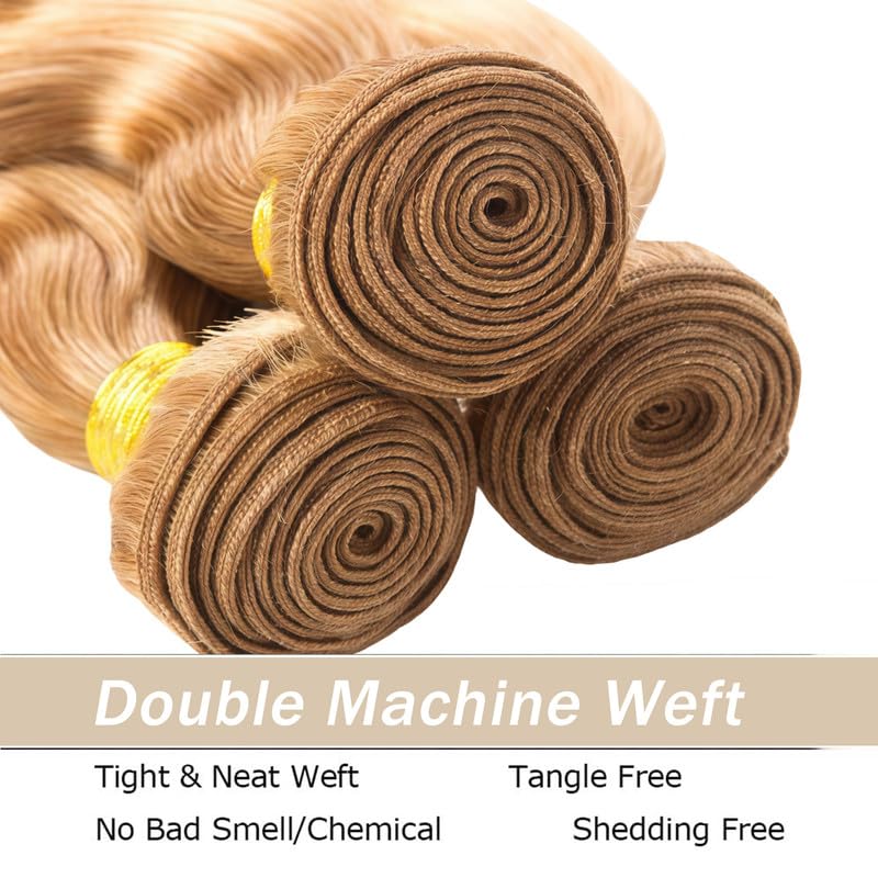 Honey Blonde Human Hair Bundles Brazilian Human Hair Weave Extensions No Shedding No Tangle 14 16 18 inch Body Wave Bundles Human Hair Extensions 27 Color