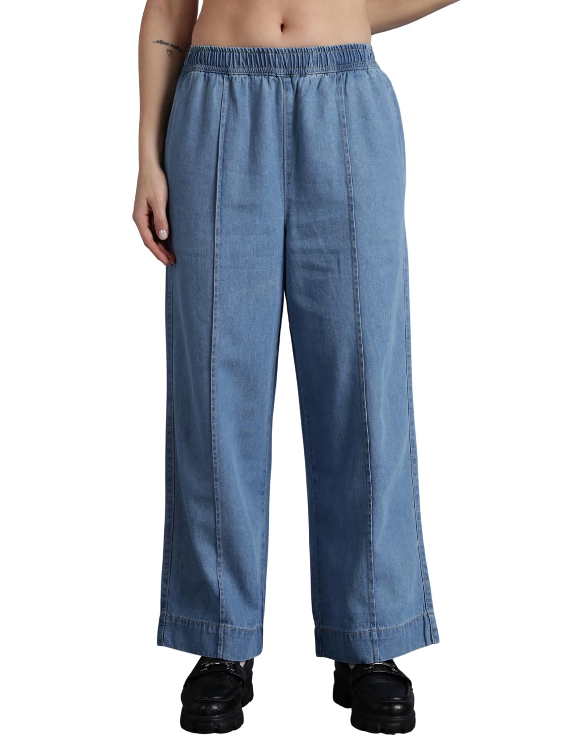 INKD Women’s Wide Leg Jeans- 100% Cotton | Mid-Rise | Elasticated Waistband | Pintuck Details | Comfort Fit | Palazzo Pants for Women | Lightweight Denim for Summers (Available in Plus Sizes)