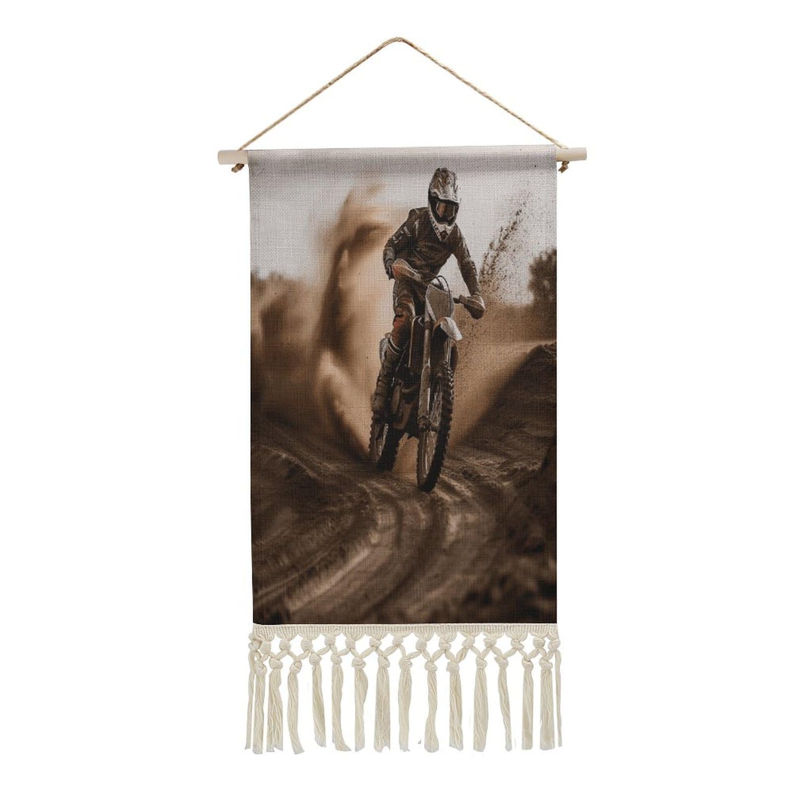 VstaDank Motocross Wall Art Decor with Tassels 20"x10" Cotton Linen Hanging Tapestry Decor Wall Art Prints Wood Frame Boho Wall Art Poster for Bedroom Living Room Office