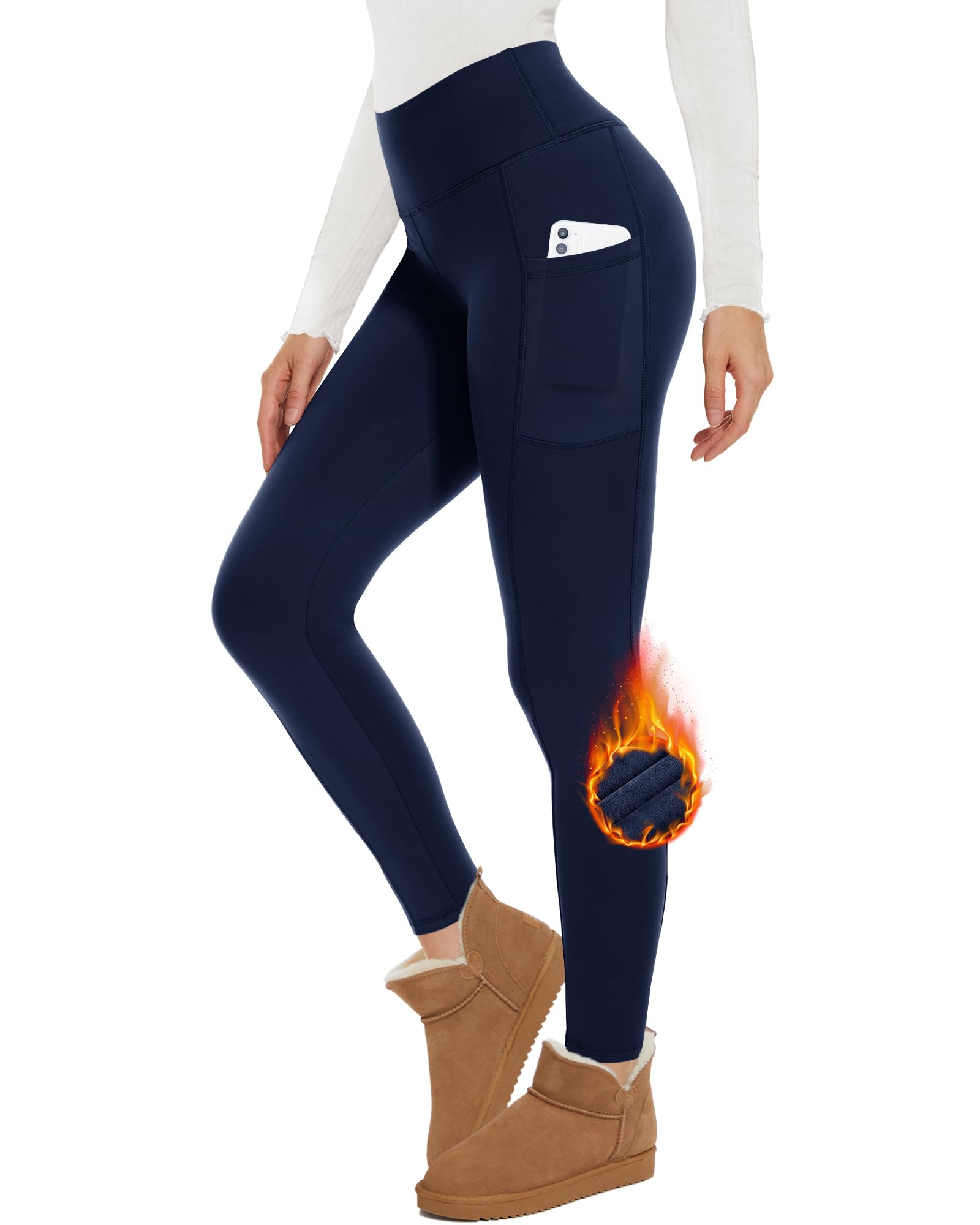 GAYHAY Fleece Lined Leggings Women with Pockets - Thermal High Waisted Winter Yoga Pants Warm Thick Leggings for Workout Navy Blue