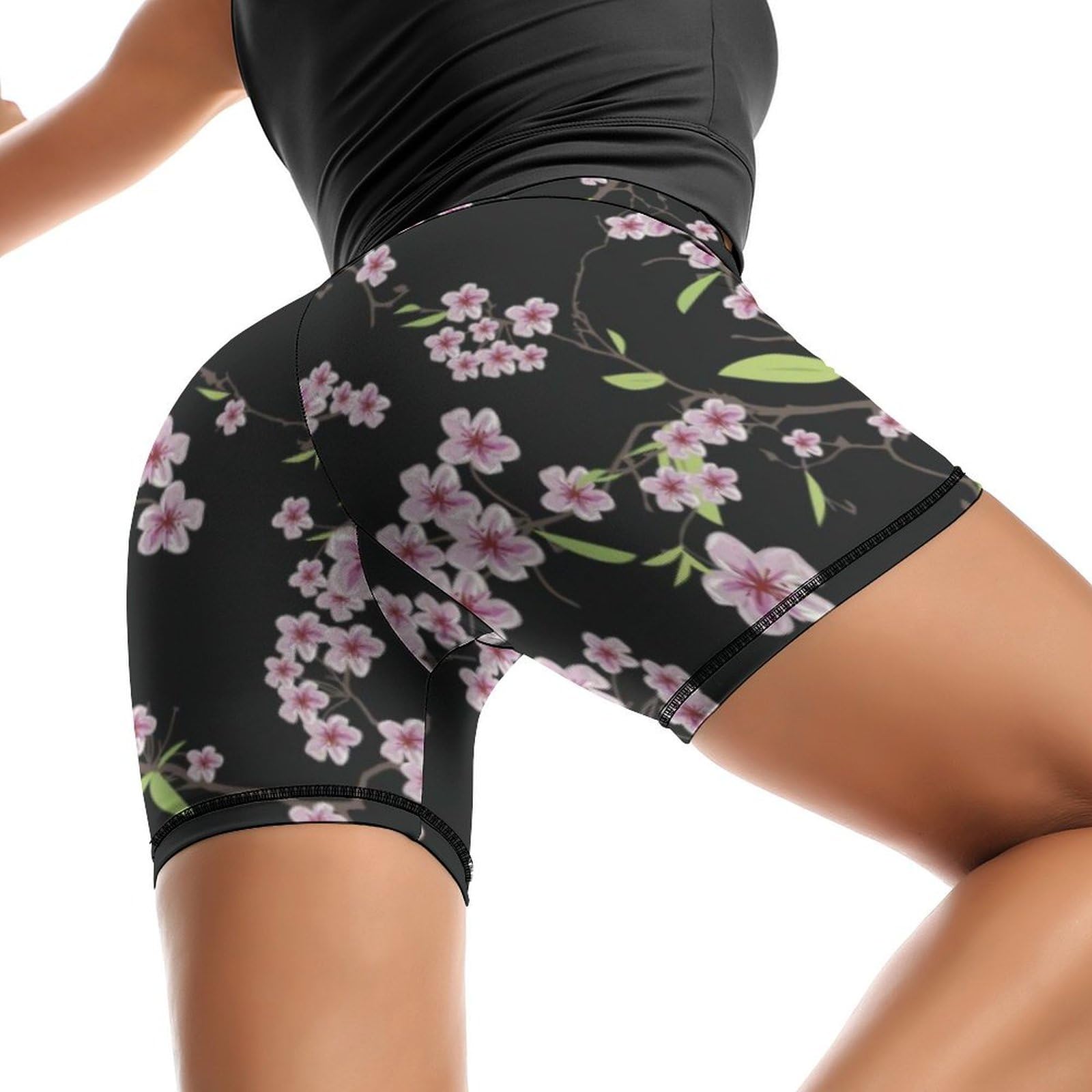 Cherry Blossoms Flower Pattern High Waist Yoga Shorts for Women Athletic Shorts Leggings Running Pants