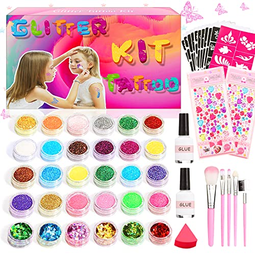 Glitter Tattoo Kit, 18 Glitter Colors, 6 Shining Colors & 6 Colors Glow in The Dark, 163 Stencils, 2 Jewel Stickers, Girls Body Art Paint with 2 Glue, 5 Brushes,Temporary Glitter Tattoos for Party