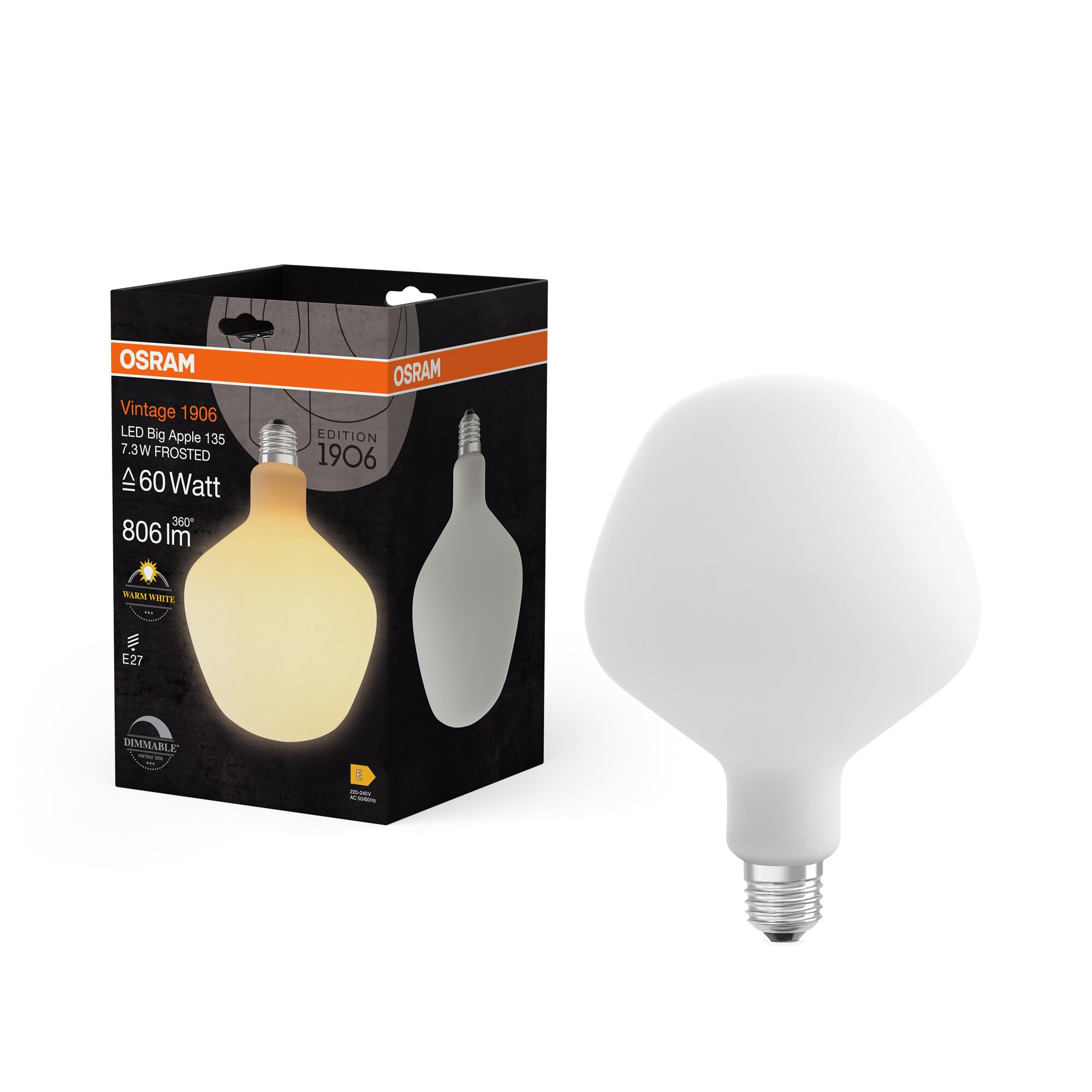 Osram Vintage 1906 Big Apple ist eine dimmbare LED-Lampe mit Filament in Apfelform. Sie bietet 7.3 W für 806 lm, E27 Fassung, Frosted Glas, 135 mm Durchmesser, Farbwiedergabe CRI 80, 2700 K, EEK E.