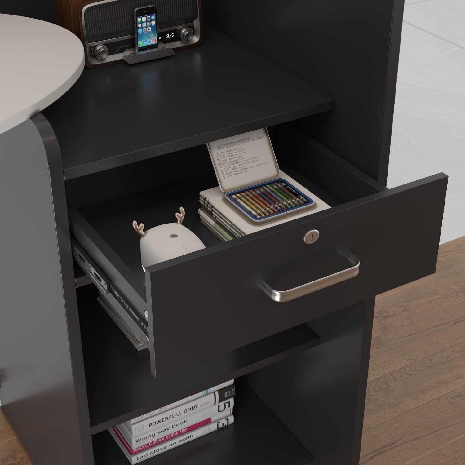 Banco reception,reception tavolo bancone, Banco reception con ripiano aperto e 1 cassetto con serratura, banco reception ufficio bancone, MDF, 40 x 121 x 110cm, Bianco, Grigio Scuro