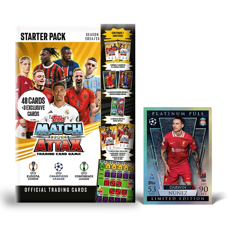 Topps Match Attax 24/25 - ¡Starter Pack Exclusivo de Amazon! 48 Cartas de Match Attax Incluyendo una Platinum Pull LE Garantizada y Mucho más. ¡Empieza tu colección Ahora!