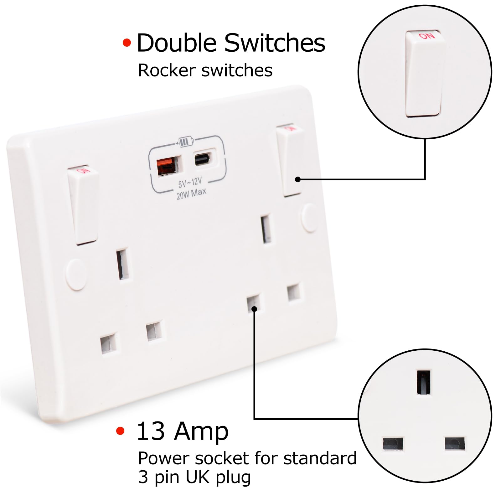 Ledivion Double Wall Socket with USB C Port 20W Fast Charging Standard UK Plug Socket 13 Amp 2 Gang White - Image 3