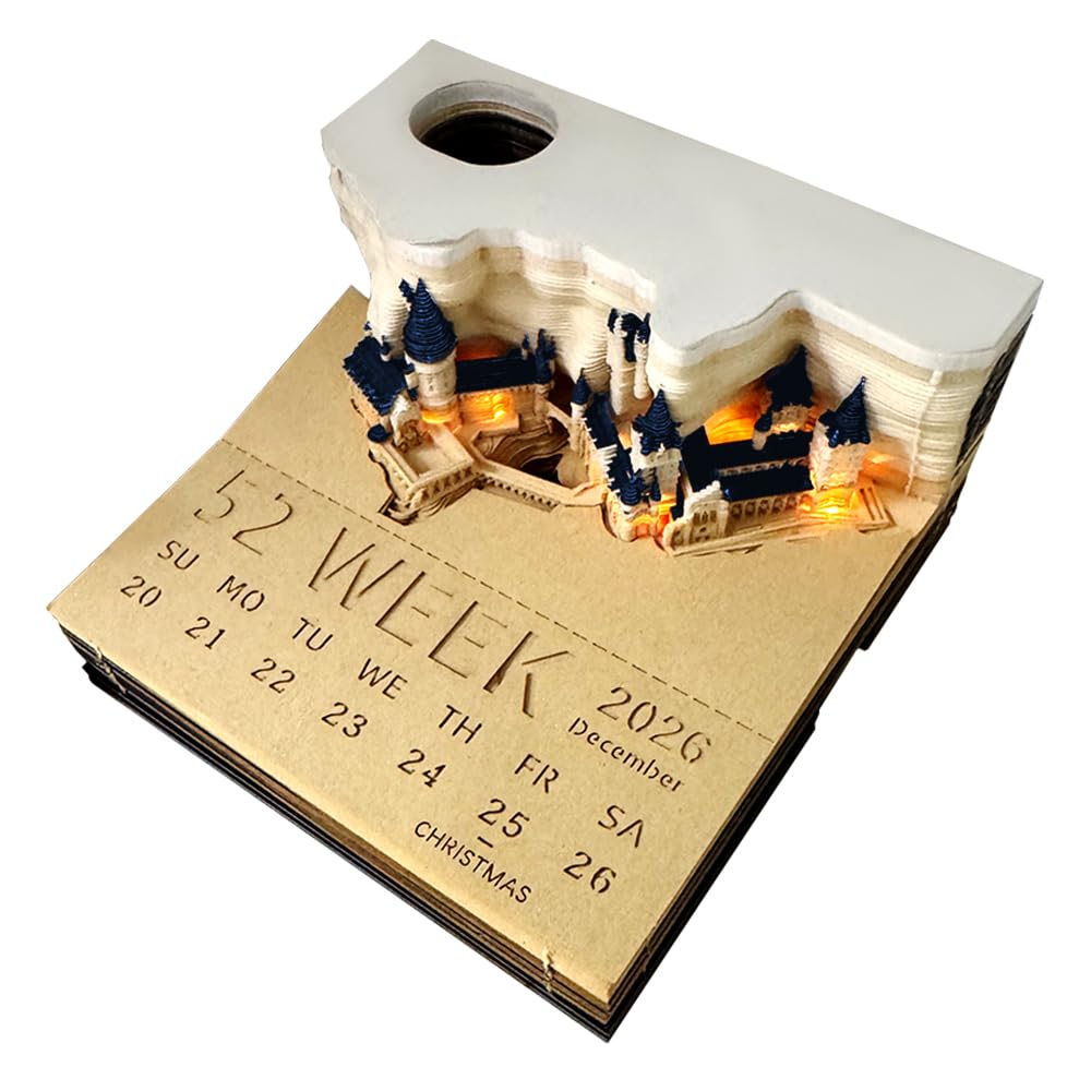 JOAASU Time Piece Calendar 2026, 2026 Desk Calendar with Led Lights, 3D Magic Castle Tear off Calendars, DIY Paper Carving 3D Paper Sculpture Weekly Calendars for Home Office Desktop Decoration