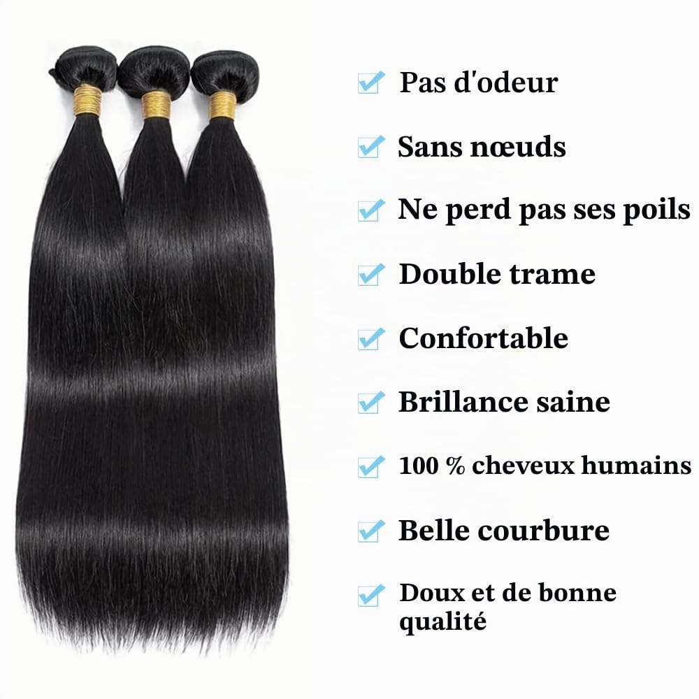 Tissage Naturel Cheveux Humain en lot 3 Bundles Human Hair Mèches Tissage Brésilien Straight Double Weft Naturelle Couleur 14 16 18 Pouces(Total 210g)