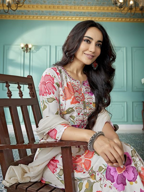 Image of Royal Export Women's Viscose Floral /Mirror Work Embroidered Straight Kurta Sharara with Dupatta
