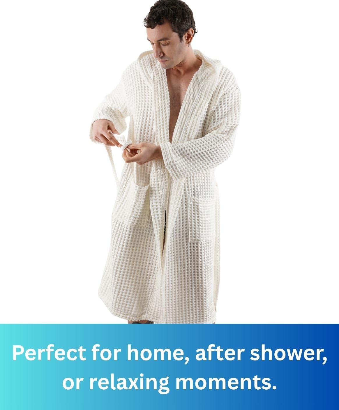100% Cotton Hooded Waffle Bathrobe for Men (US, Alpha, XX-Large, Pure Ivory)