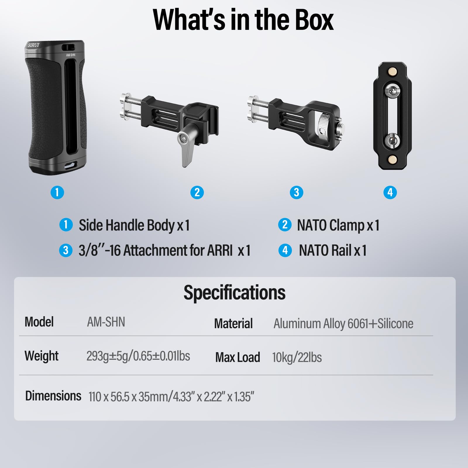SIRUI Leggero Maniglia Laterale con NATO e 3/8"-16 Locating Pin per ARRI, leggera impugnatura con NATO Rail per Gabbia per Fotocamera, Regolabile in Alto e in Basso, per Mano Sinistra o Destra, AM-SHN