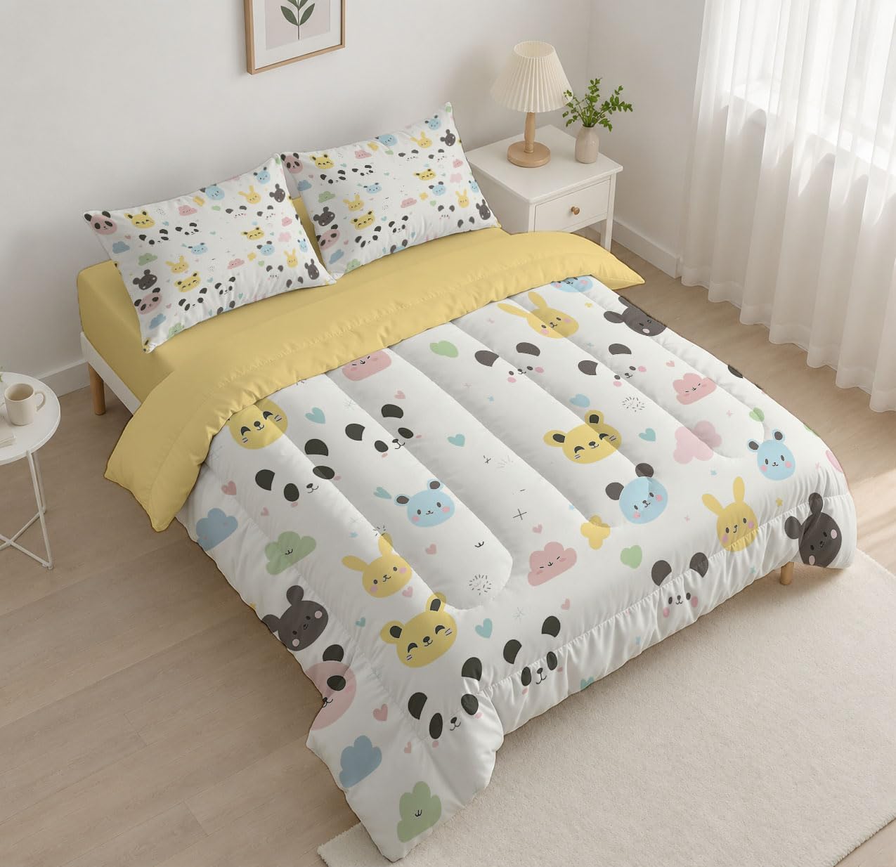 Cartoon Style Comforter Set King Size, Animal Panda Face Bedding Set for Girls Boys, Off White Quilt Bed 104"X90" Bedding Comforter Sets with 2 Pillowcase Room Decor