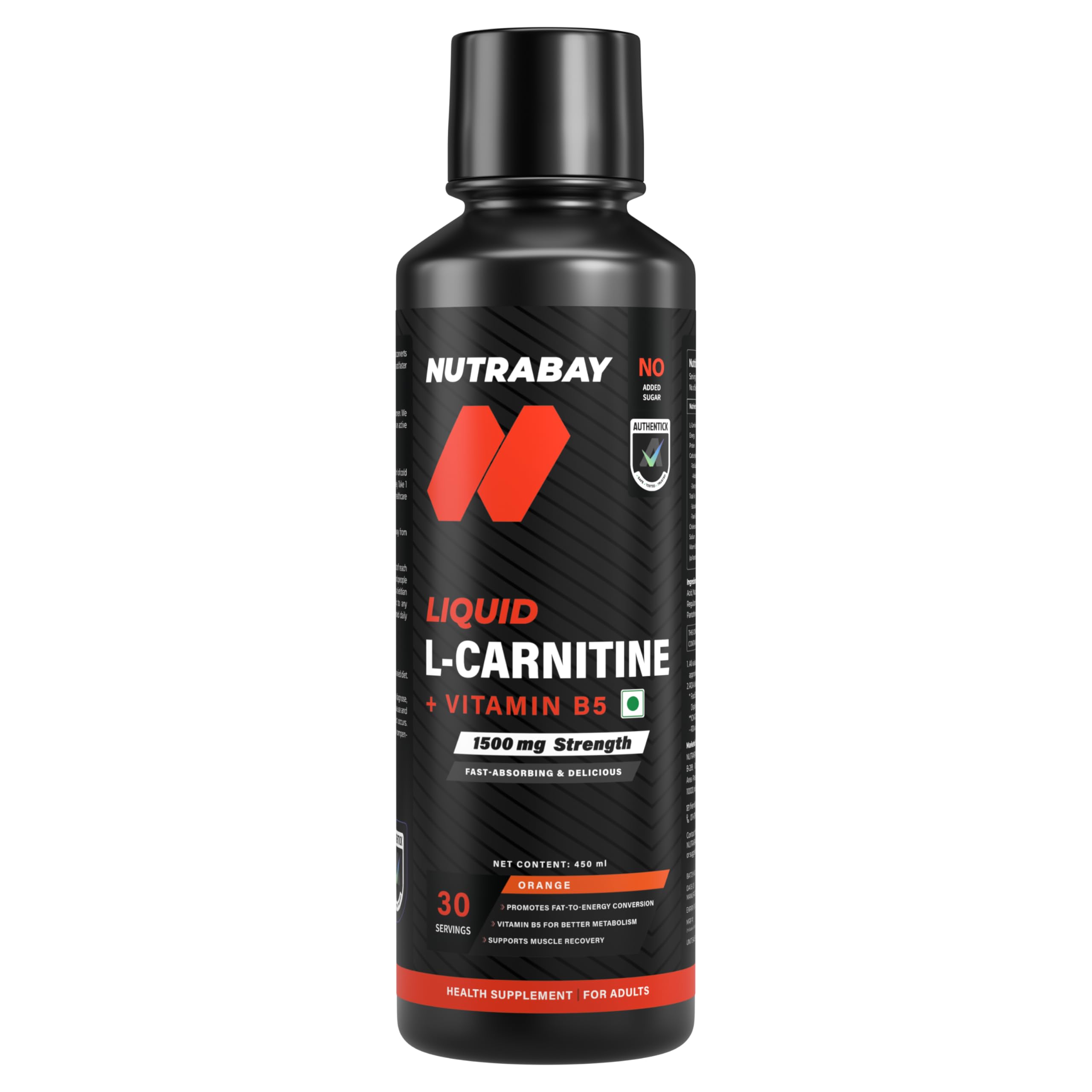 Nutrabay Pro Liquid L-Carnitine (1500mg) with Vitamin B5 –Pre/Post Workout  Supplement – 450ml, Orange, 30 Servings | Tested for Purity