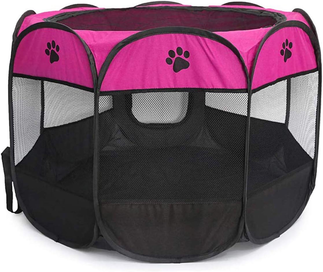 Octagonal Pet Tent Foldable Dog and Cat Fence, Puppy Exercise Playpen, Portable Cat and Dog House, Rabbit Cat Kennel, Rose-red&Black