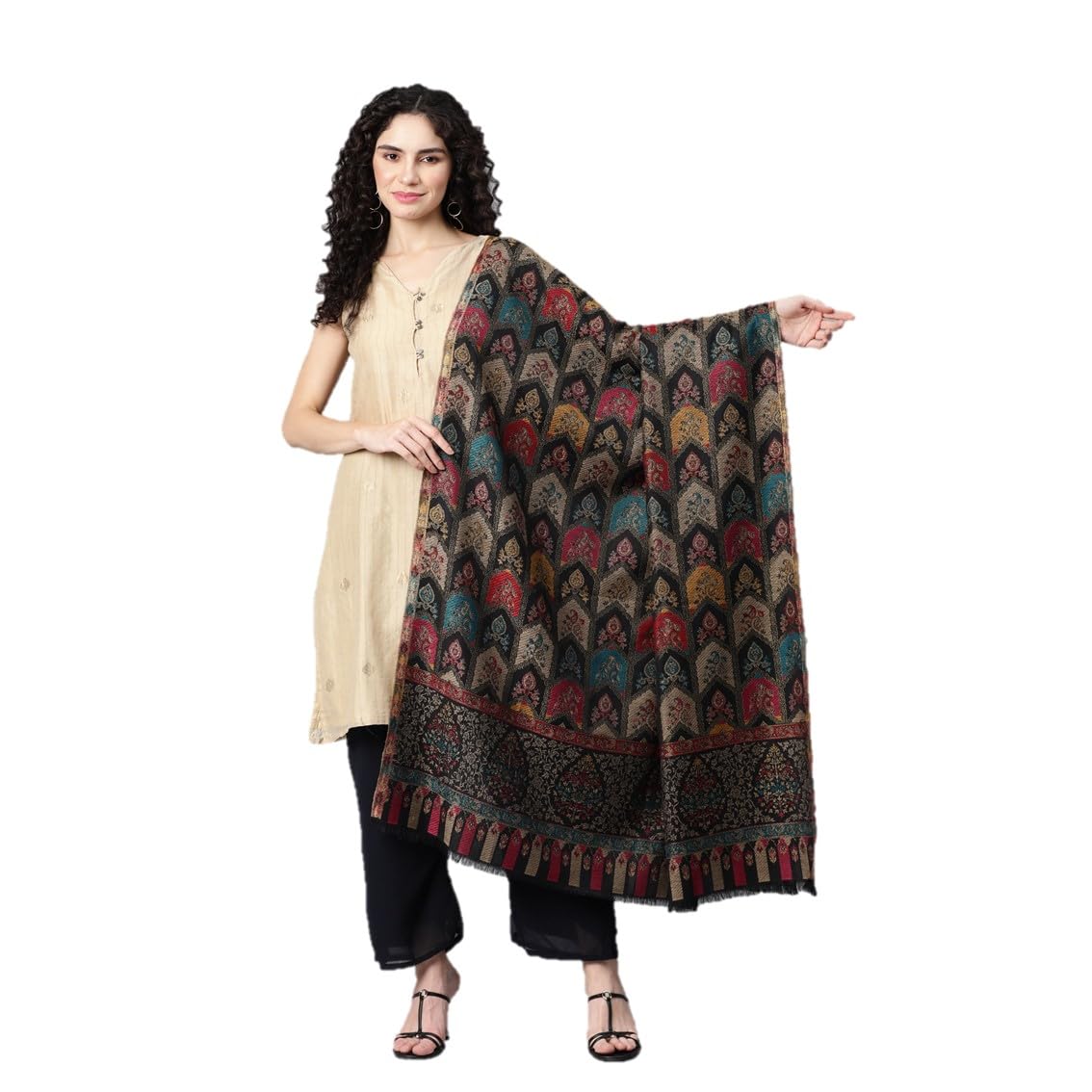 swi with label Women Black Kani Wool Shawl with Zari-picture-51