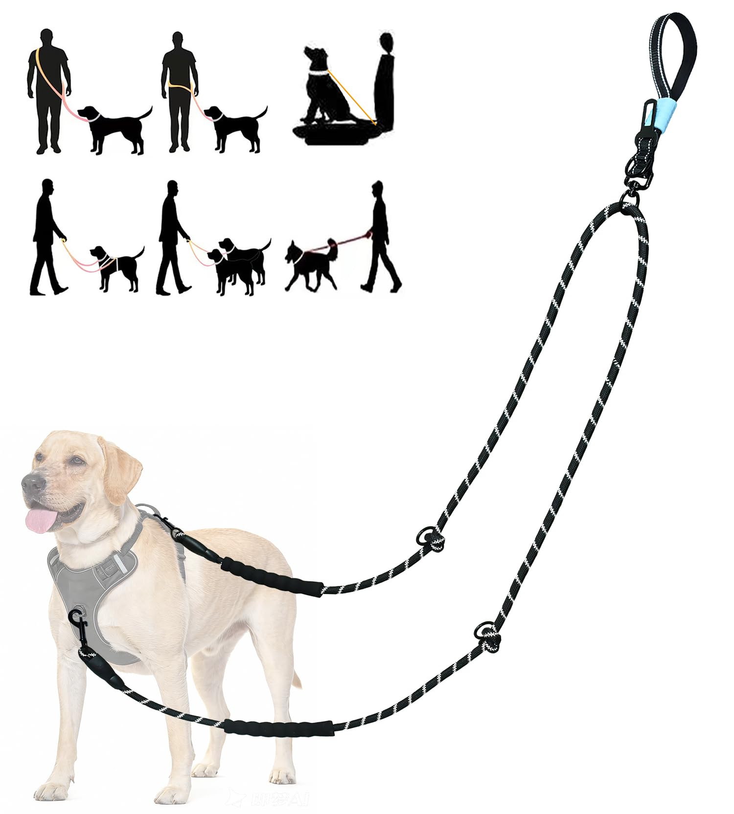 Two Point Control & Hands Free Dog Leash, Waist & Crossbody Leash with Car Seat Belt Clip, Heavy Duty Reflective & Tangle-Free, No Pull Harnesses Compatible for Large Medium Dogs, Black