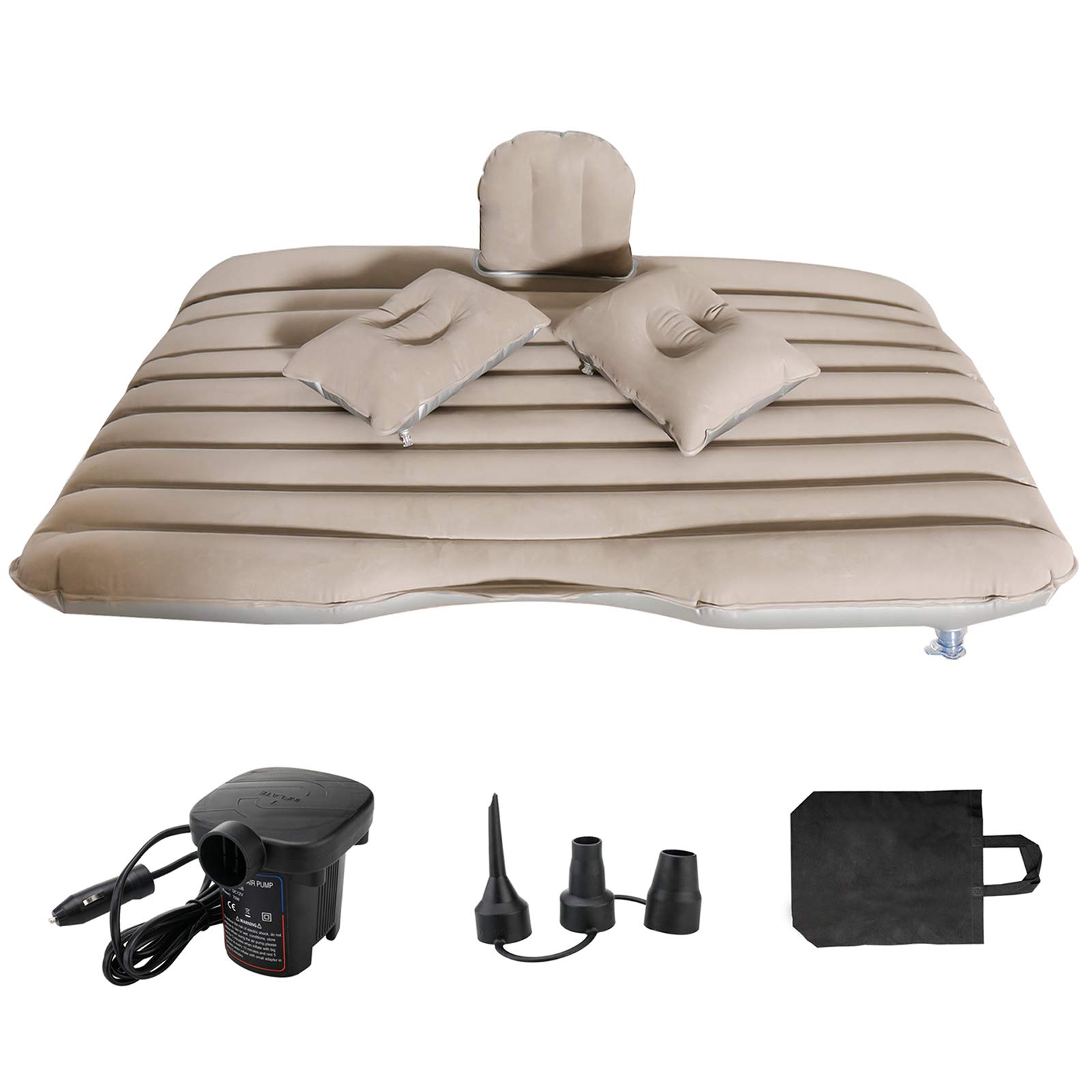 NovelBeeBack Flocking Surface Car Travel Inflatable Mattress Air Bed Camping with 2 Air Pillows,Inflatable Pump and Handbag (Grey)