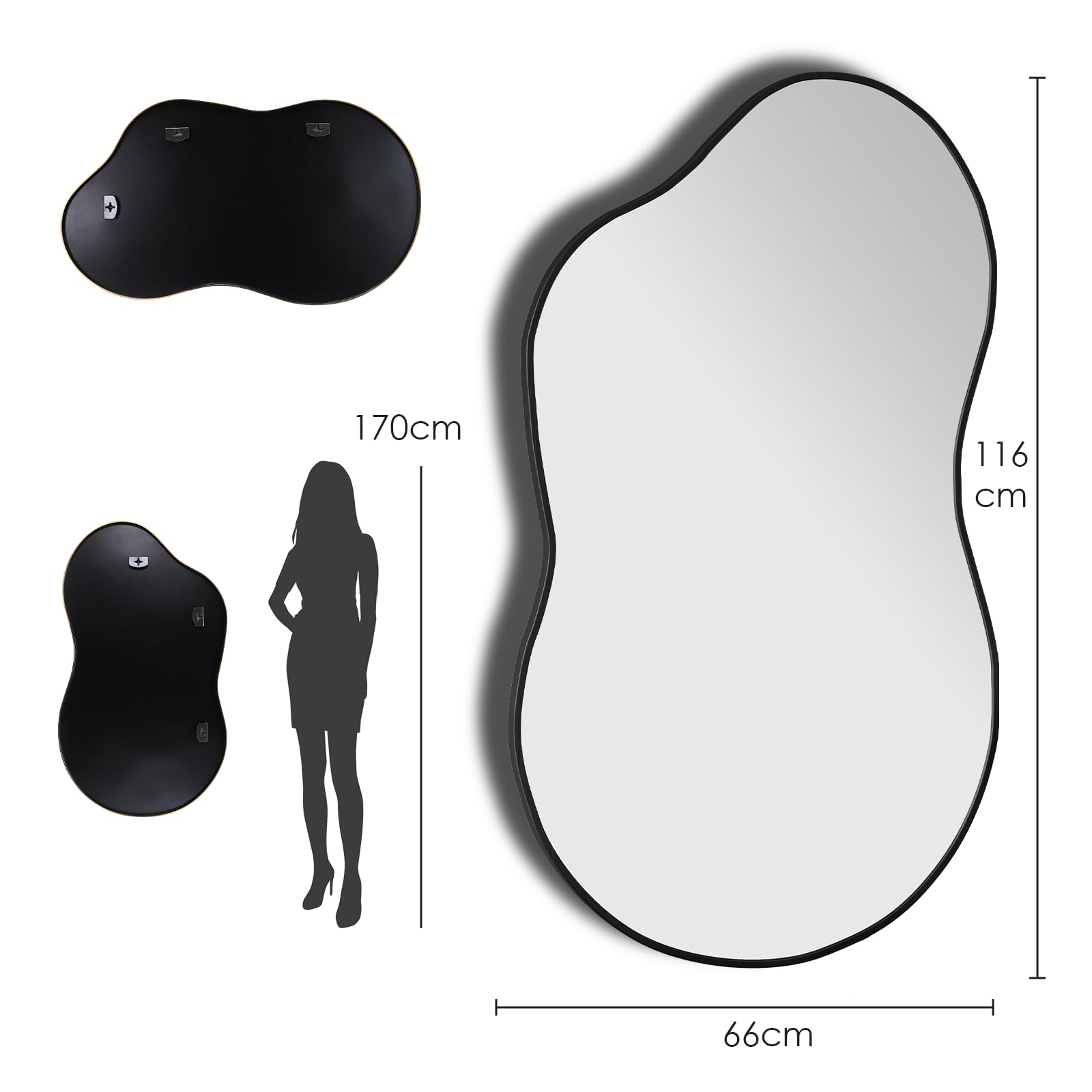 Clevich Spiegel Asymmetrisch 66x116cm Rahmen Alu, HD Glas Wandspiegel, Moderner Dekor-Spiegel, Schlankes Modernes Design, für Bad Badezimmer Wohnzimmer Flur Schlafzimmer Wand Cloud-Design, Schwarz