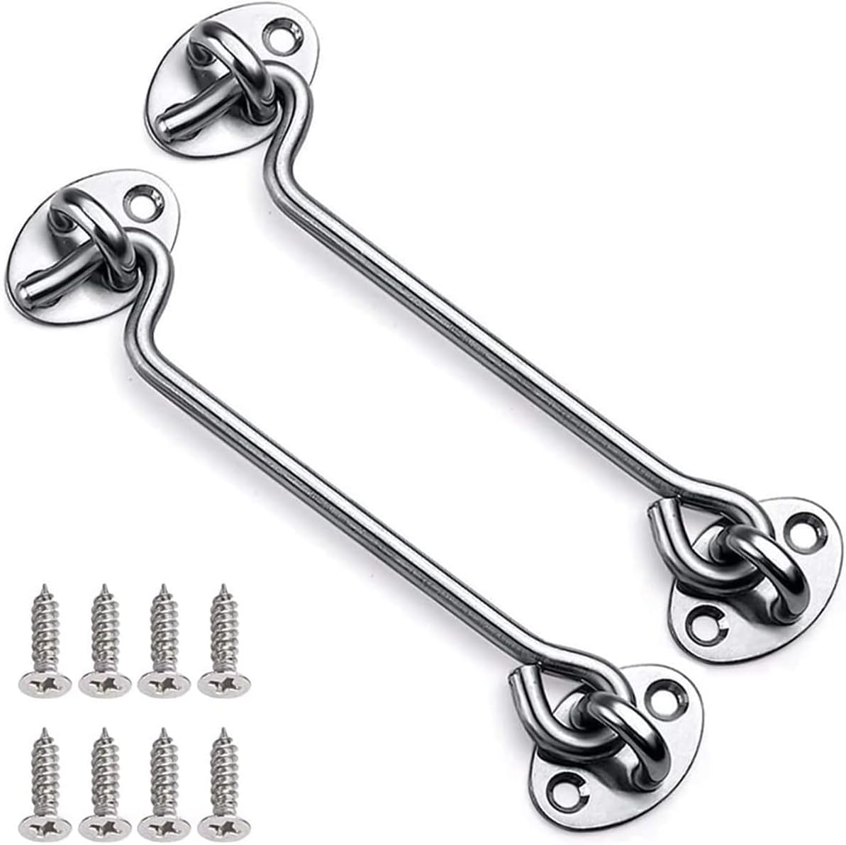 2 Pack 10 Inch Hook and Eye Latch, Heavy Duty Stainless Steel Barn Door Lock Gate Cabin Hook with 8 Mounting Screws for Sliding Door, Gate, Cabinet, Window, Shed (Silver)
