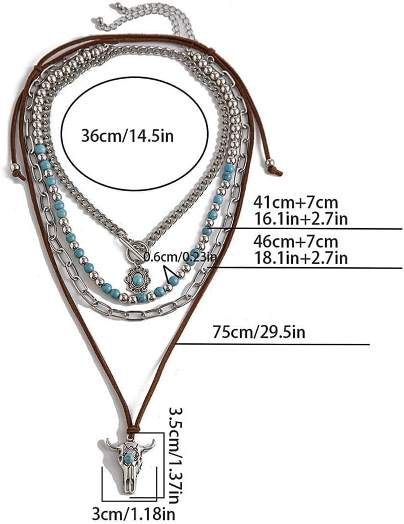 Boho Western Necklaces Turquoise Beaded Layered Neckalces Ox-head Pendant Necklaces Western Jewelry for Women Cowgirl Cowboy Accessories - Image 7