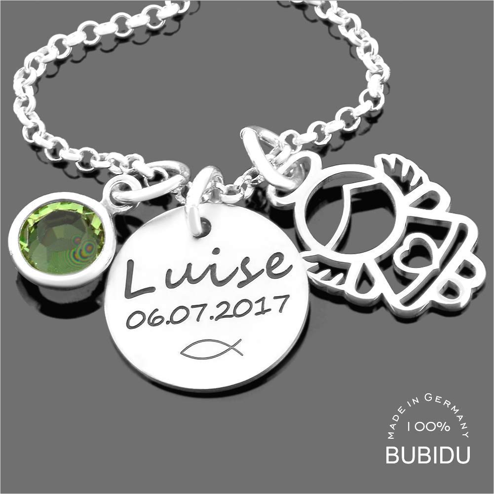 Namenskette Silber mit Gravur und Schutzengelchen Kinderkette Mädchen Taufe Silberkette Namen Engel Kette Geburtsstein Taufkette 925 Silber Schmuck Baby