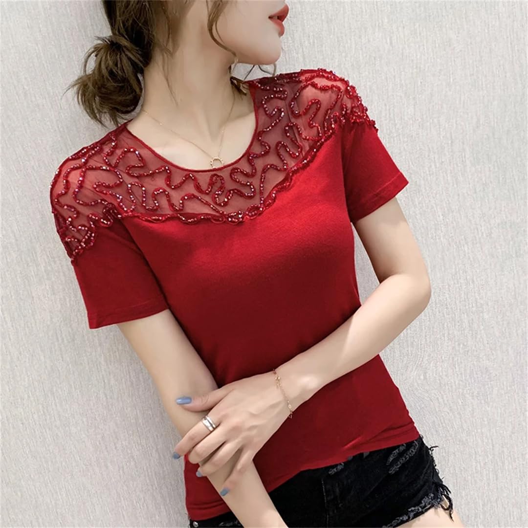 Lmtossey Maglietta estiva con scollo rotondo femminile in pizzo traforato a rombi slim fit top manica corta stretch t-shirt