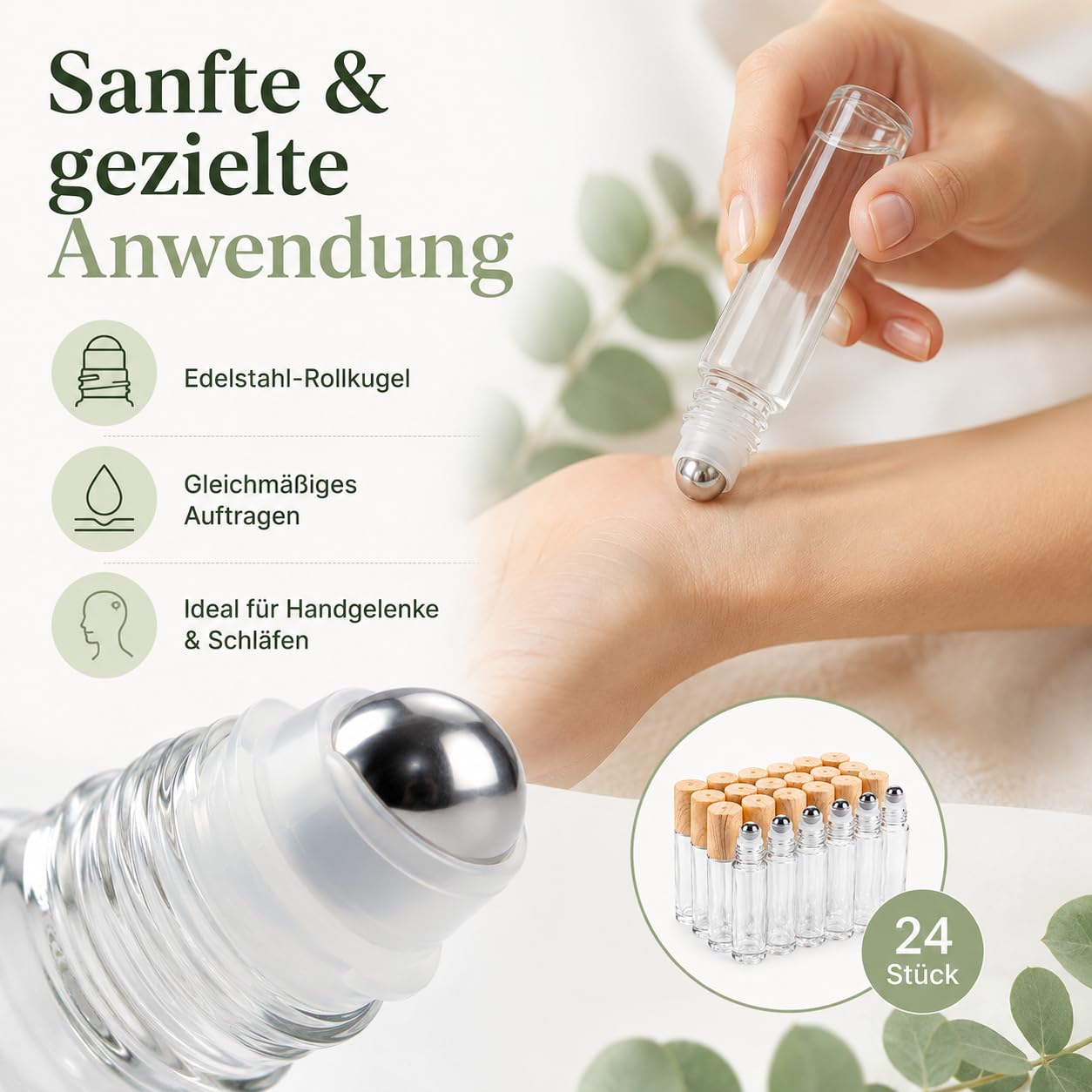CYEER 24 Pezzi Flaconi Roll-On Vuoti 10ml, Flaconi di Vetro Trasparente per Oli Essenziali, Spa, Massaggio, Aromaterapia