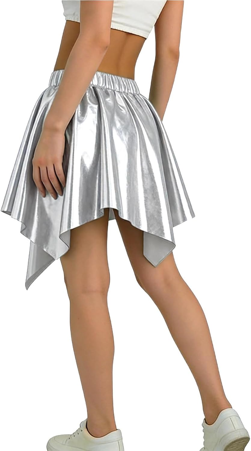 Metallic Dance Skirt 2026 for Girls Elastic Waist Asymmetrical Hem Shiny Skater Bottom High Low Short Skirts Cute